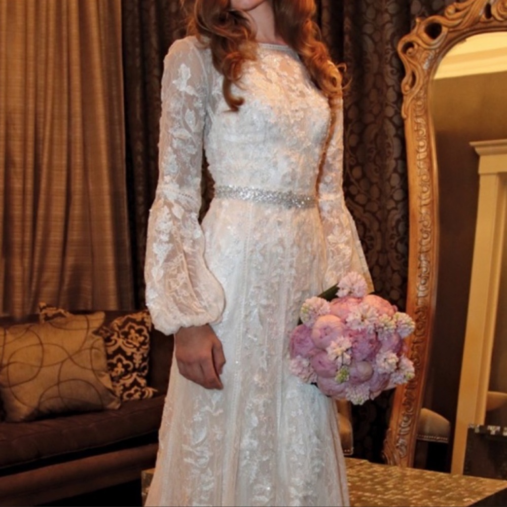 Melissa Sweet Bishop Sleeve Lace Sheath Wedding Dress - Picture 4 of 6